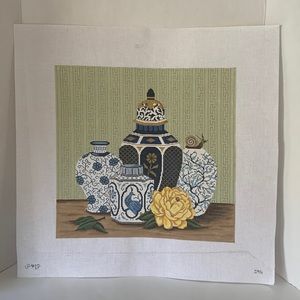 JP Hand-painted Needlepoint Canvas Blue Pots Yellow Peony Ginger Jar Vases Snail